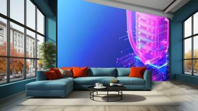 A futuristic shield protecting a digital data center, illustrating cybersecurity and data protection in a vibrant, colorful design. Wall mural