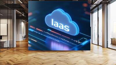 A glowing cloud icon with the letters 'IaaS' representing Infrastructure as a Service in a futuristic digital environment. Wall mural