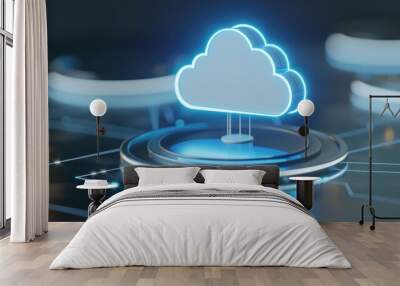 A glowing cloud symbol representing cloud computing technology in a modern digital environment. Wall mural