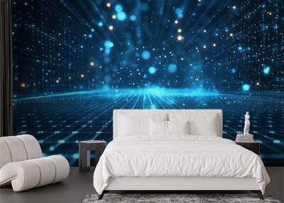 A mesmerizing digital landscape featuring vibrant blue particles and a grid pattern, perfect for technology and sci-fi themes. Wall mural