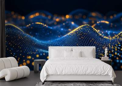 A mesmerizing digital wave pattern with vibrant blue and orange lights, creating a sense of motion and depth in an abstract space. Wall mural