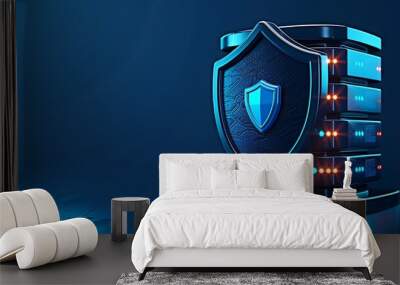 A modern data server with a protective shield symbol, illustrating digital security and data protection in technology. Wall mural