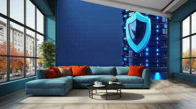 A modern digital database with a security shield, symbolizing data protection and cybersecurity in a blue-themed environment. Wall mural