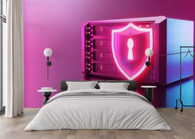 A modern server design with a glowing shield, symbolizing data security and protection in a digital environment. Wall mural