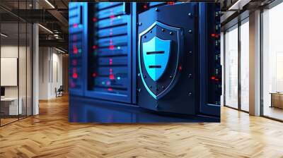 A modern server room featuring advanced technology and a shield symbolizing cybersecurity and data protection. Wall mural