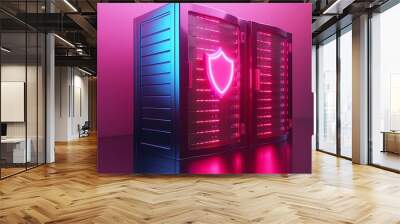 A modern server unit with neon lights and a shield symbol, representing cybersecurity and data protection technology. Wall mural