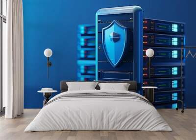 A modern server with a protective shield, symbolizing data security and technology in a digital environment. Wall mural