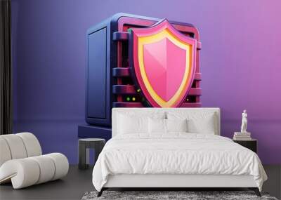 A modern server with a security shield symbolizing data protection and cybersecurity in a vibrant digital environment. Wall mural