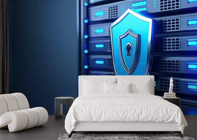 A modern server with a shining blue shield, representing data security and protection in a digital environment. Wall mural