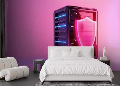 A modern server with glowing lights and a shield symbol, representing data security and protection in a digital environment. Wall mural