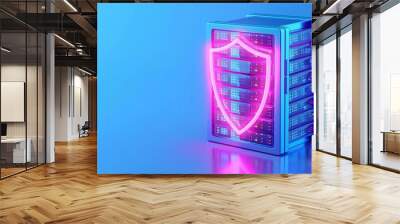 A modern server with neon shield symbolizing cybersecurity and data protection against digital threats. Wall mural