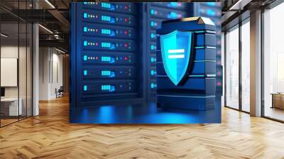 A secure data center featuring a digital shield symbolizing cybersecurity and data protection in a modern server environment. Wall mural