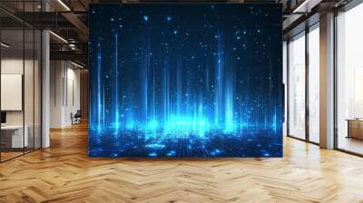 A stunning digital background featuring blue light beams and glowing particles creating a futuristic atmosphere. Wall mural