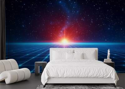 A stunning digital landscape featuring a grid and a glowing starburst against a starry sky, perfect for sci-fi backgrounds. Wall mural