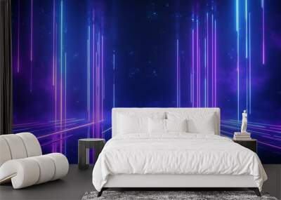 A vibrant digital background featuring neon beams of light in purple and blue, creating a futuristic atmosphere for design projects. Stage for product presentation. Wall mural