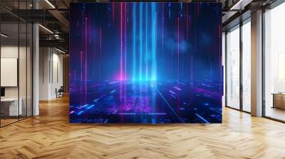 A vibrant digital landscape featuring glowing lines and a futuristic ambiance, perfect for technology and sci-fi themes. Stage for product presentation. Wall mural