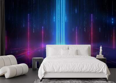 A vibrant digital landscape featuring glowing lines and neon lights in an abstract cyberpunk style. Ideal for tech-related themes. Stage for product presentation. Wall mural