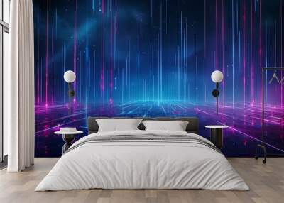 A vibrant digital landscape featuring glowing neon lines and a futuristic ambiance, perfect for technology and sci-fi themes. Stage for product presentation. Wall mural