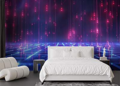 A vibrant digital landscape featuring illuminated lines and glowing particles, perfect for technology and sci-fi themes. Stage for product presentation. Wall mural