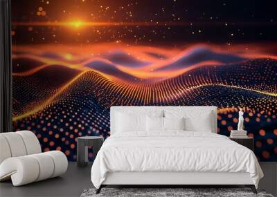 A vibrant digital landscape featuring waves of light and particles, creating an immersive and futuristic atmosphere. Wall mural