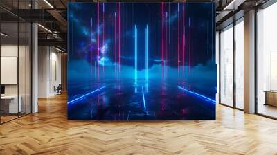 A vibrant digital landscape with neon lights and abstract patterns, creating a surreal, futuristic atmosphere. Stage for product presentation. Wall mural