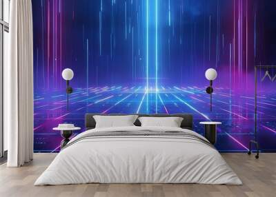 A vibrant futuristic landscape with neon lights and digital patterns, perfect for technology and sci-fi themes. Stage for product presentation. Wall mural