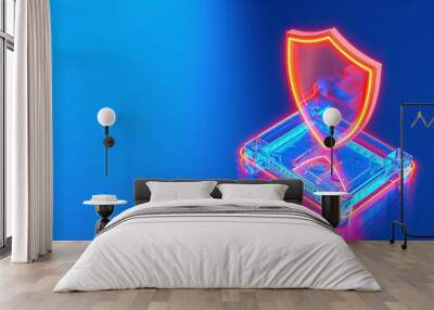 A vibrant neon shield symbol representing protection and security on a glowing blue background. Ideal for tech and safety themes. Wall mural