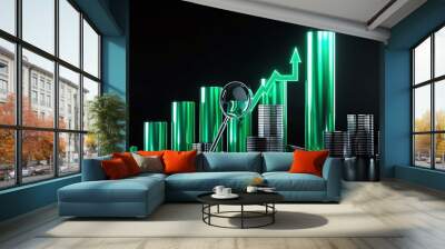 A visualization of financial growth with green bars, coins, and a magnifying glass emphasizing upward trends in investment. Wall mural