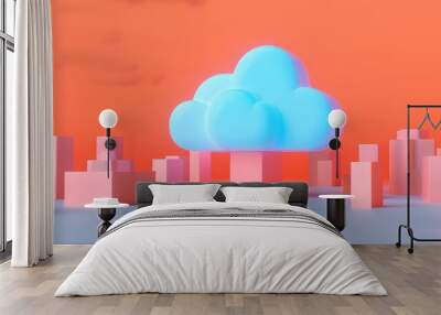 Abstract 3D illustration of a blue cloud hovering over a futuristic cityscape with an orange background. Wall mural