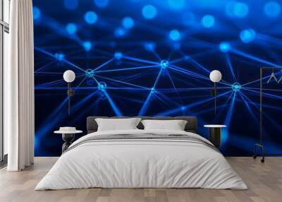 Abstract blue network nodes and lines, representing data connections and digital communication in a futuristic virtual space. Wall mural