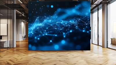 Abstract blue network of interconnected digital lines and dots on a dark background, representing data connections and technology. Wall mural