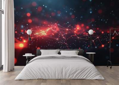 Abstract digital art featuring vibrant red and blue particles, creating a dynamic visual representation of technology and motion. Wall mural