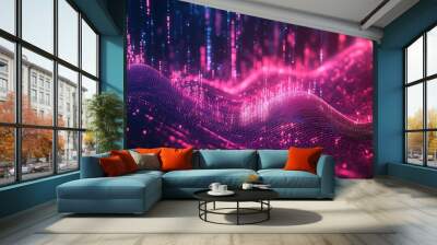 Abstract digital background with vibrant lines and glowing particles, creating a futuristic atmosphere. Wall mural