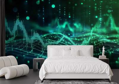 Abstract digital data visualization with green waves and glowing particles, representing technology and information. Wall mural