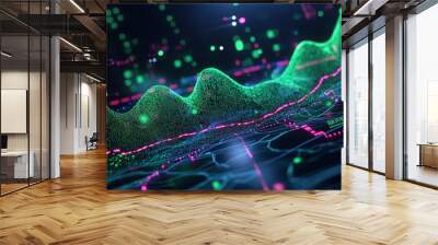 Abstract digital illustration showcasing a vibrant wave of data with glowing elements against a dark background. Wall mural