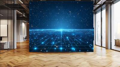 Abstract digital landscape with glowing blue grid lines and sparkling stars. Futuristic technology and cyberspace concept background. Wall mural