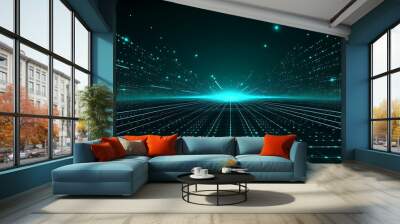 Abstract digital landscape with glowing lines and particles, representing futuristic technology and data flow. Wall mural