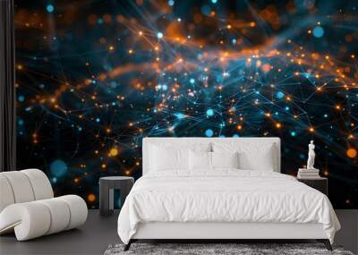 Abstract digital network with blue and orange nodes and lines. Futuristic technology concept with connected dots on dark background. Wall mural