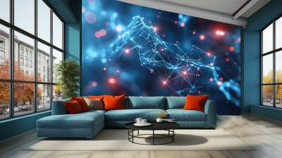 Abstract digital network with glowing connections and particles, ideal for technology and science themes. Wall mural