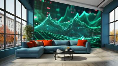 Abstract digital waveforms with glowing lines and dots, representing data visualization on a dark background. Wall mural