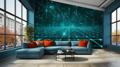 Abstract futuristic digital landscape with glowing lines and particles, creating a sense of depth and technology. Wall mural