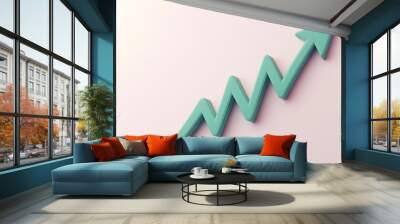 Abstract green zigzag arrow pointing upwards on a light background, symbolizing growth and progress in business or data trends. Wall mural