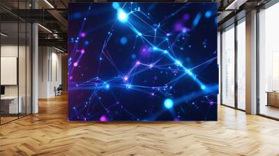 Abstract network connection with blue and purple lights, representing technology and data flow in a digital universe. Wall mural