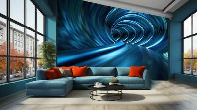 An abstract blue tunnel with flowing light, creating a sense of motion and depth for artistic and futuristic themes. Wall mural