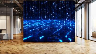 Blue digital glowing lines and dots creating a futuristic cyber landscape, resembling data transmission or fiber optics in a virtual space. Wall mural