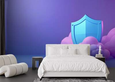 Blue shield atop fluffy pink clouds on a gradient purple background symbolizing security, cloud computing, and protection in a digital realm. Wall mural