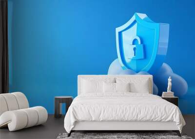 Blue shield with a lock icon over clouds symbolizing cloud security and data protection against cyber threats on a blue background. Wall mural