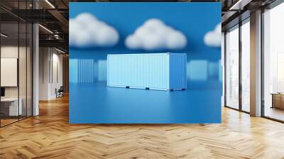 Blue shipping container against a cloud-themed background, representing modern logistics, technology and data storage solutions. Wall mural