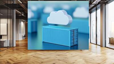 Blue shipping containers with cloud icon representing cloud storage, computing, and logistics. Innovative technology concept. Wall mural