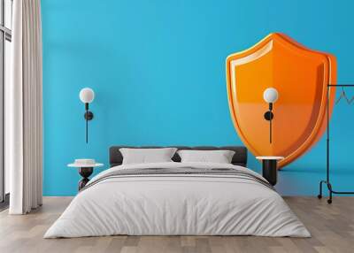 Bright orange shield illustration on blue background, symbolizing protection and security. Ideal for cybersecurity and safety themes. Wall mural